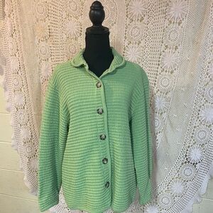 Green Button-Up Waffle Women Sweater
